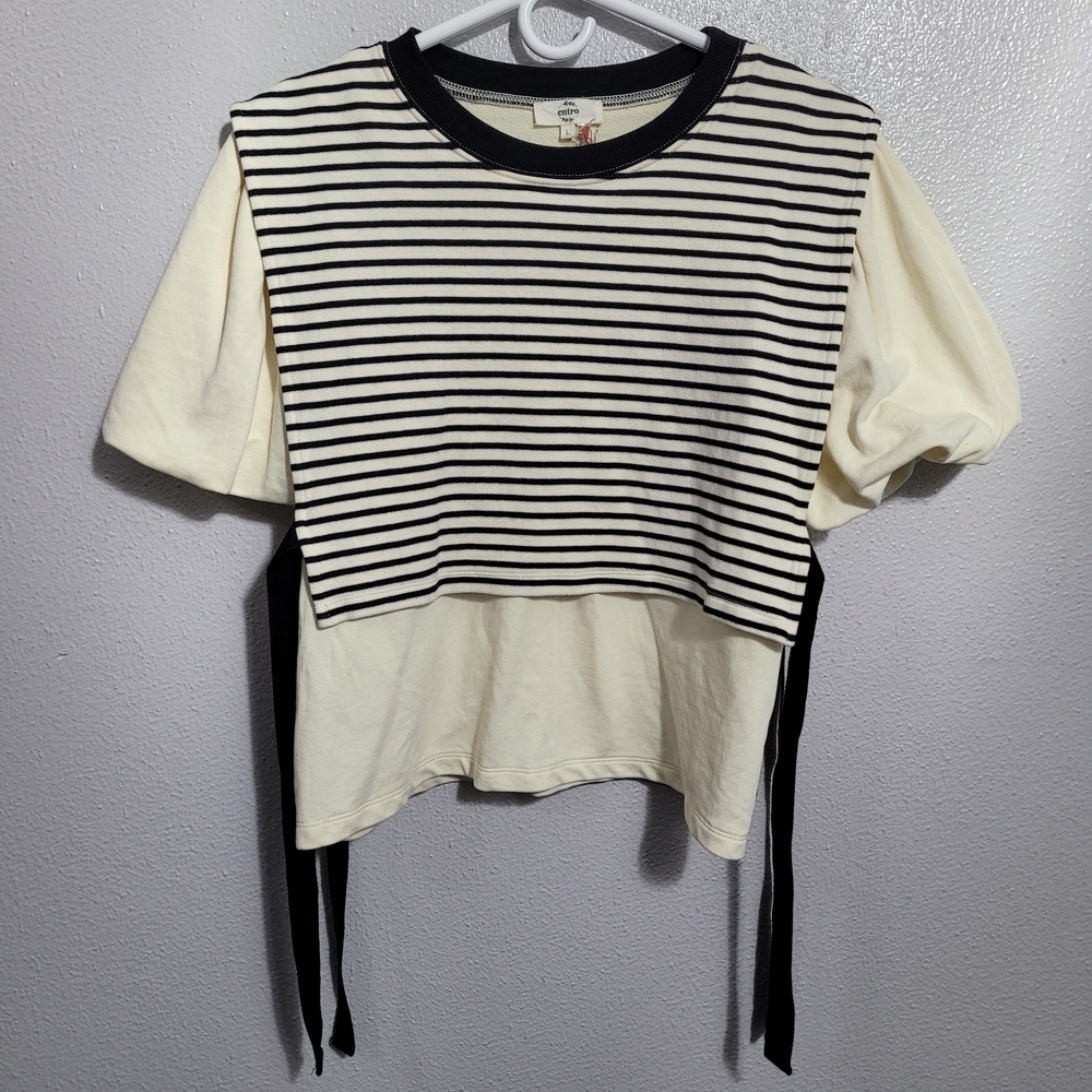 Entro Black and Cream Striped Blouse With Puff Sleeves